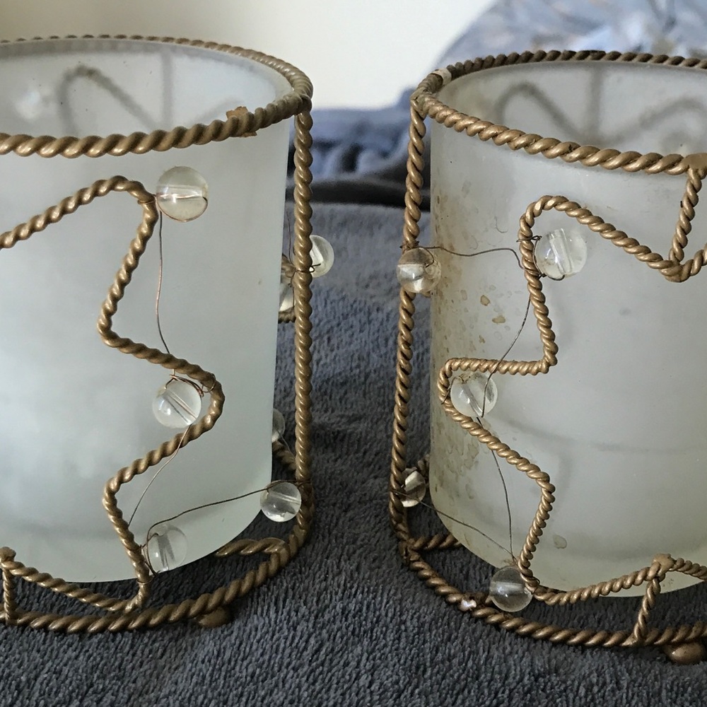 Christmas Italian Frost Glass Set (2) with crystals and gold color candle holder